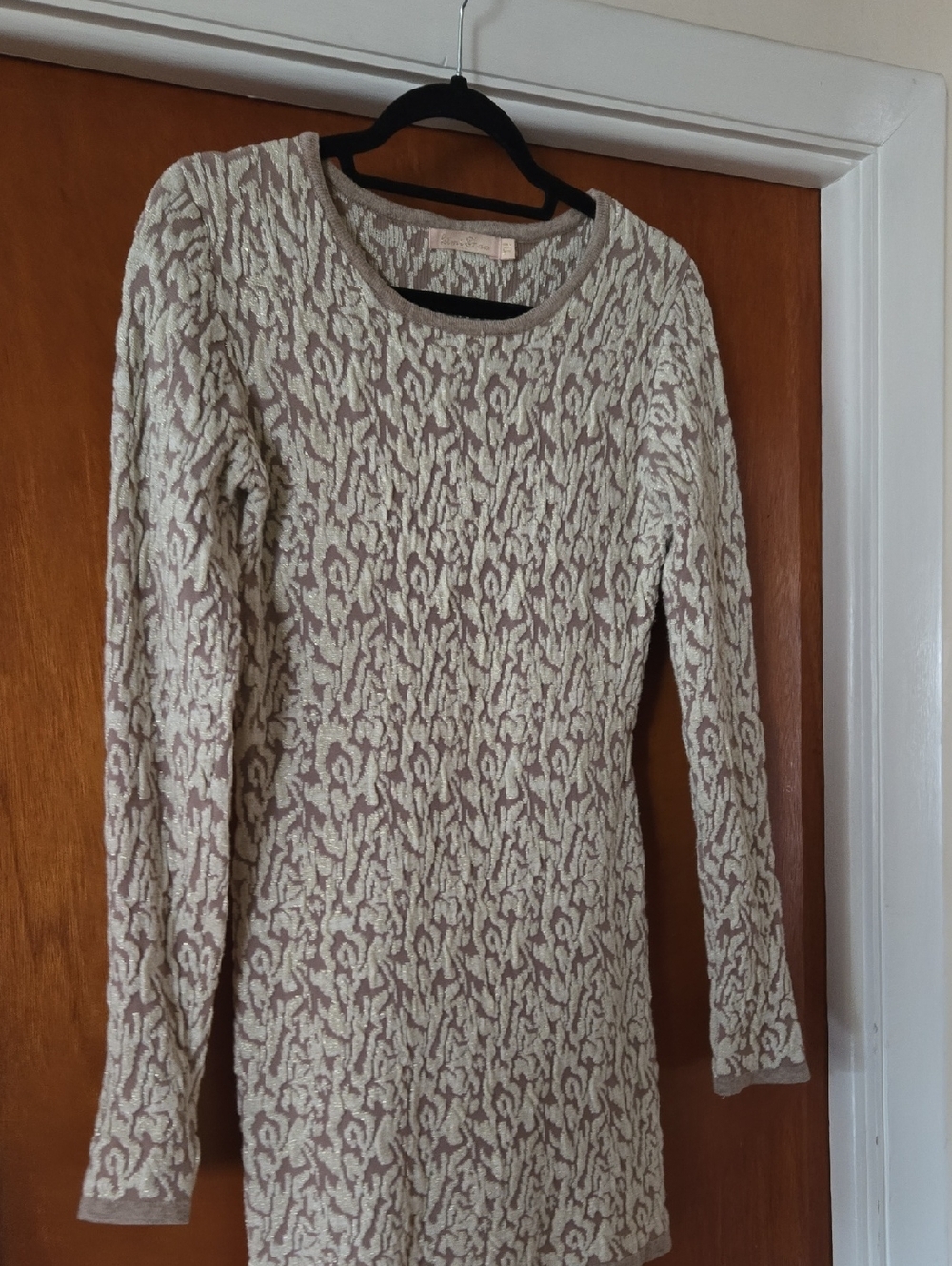 Textured Cream and Taupe Sparkly Knit Sweater Dress